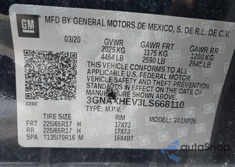 2020 Chevrolet Equinox Fwd Ls из США, поврежденный, VIN 3GNAXHEV3LS668110